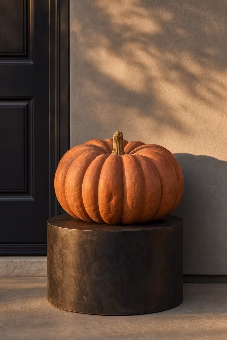 10 Modern Fall Porch Decor Ideas for a Cozy Welcome 1 A single muted rust Cinderella pumpkin on a blackened steel plinth against a warm gray stucco wall with a charcoal door.