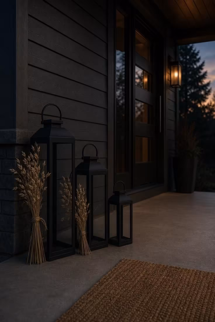 10 Modern Fall Porch Decor Ideas for a Cozy Welcome 2 Three matte black lanterns in staggered heights with dried oat stems on a concrete porch at dusk.