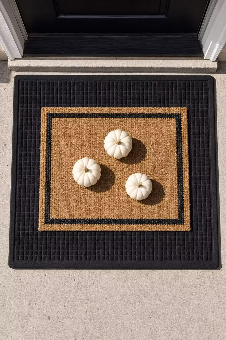 10 Modern Fall Porch Decor Ideas for a Cozy Welcome 7 A layered black rubber and jute doormat with three small white pumpkins.