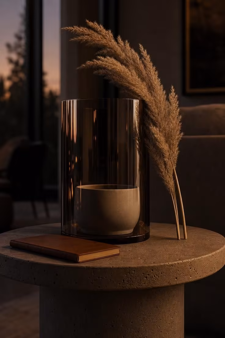 10 Modern Fall Porch Decor Ideas for a Cozy Welcome 8 A smoked glass hurricane with pampas and a leather-bound candle on a concrete side table.