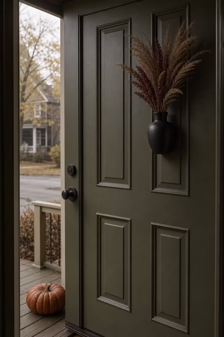 10 Modern Fall Porch Decor Ideas for a Cozy Welcome 9 An olive-green front door with a black ceramic wall vase holding bronze grass.