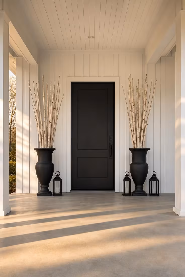 10 Modern Fall Porch Decor Ideas for a Cozy Welcome 10 A wide porch with matching black urns, birch branches, and lanterns in symmetrical arrangement.