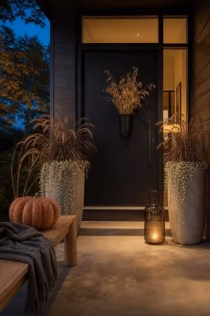 A modern fall porch at dusk with a black door, concrete planters, a teak bench, one pumpkin, and a glowing hurricane lantern.