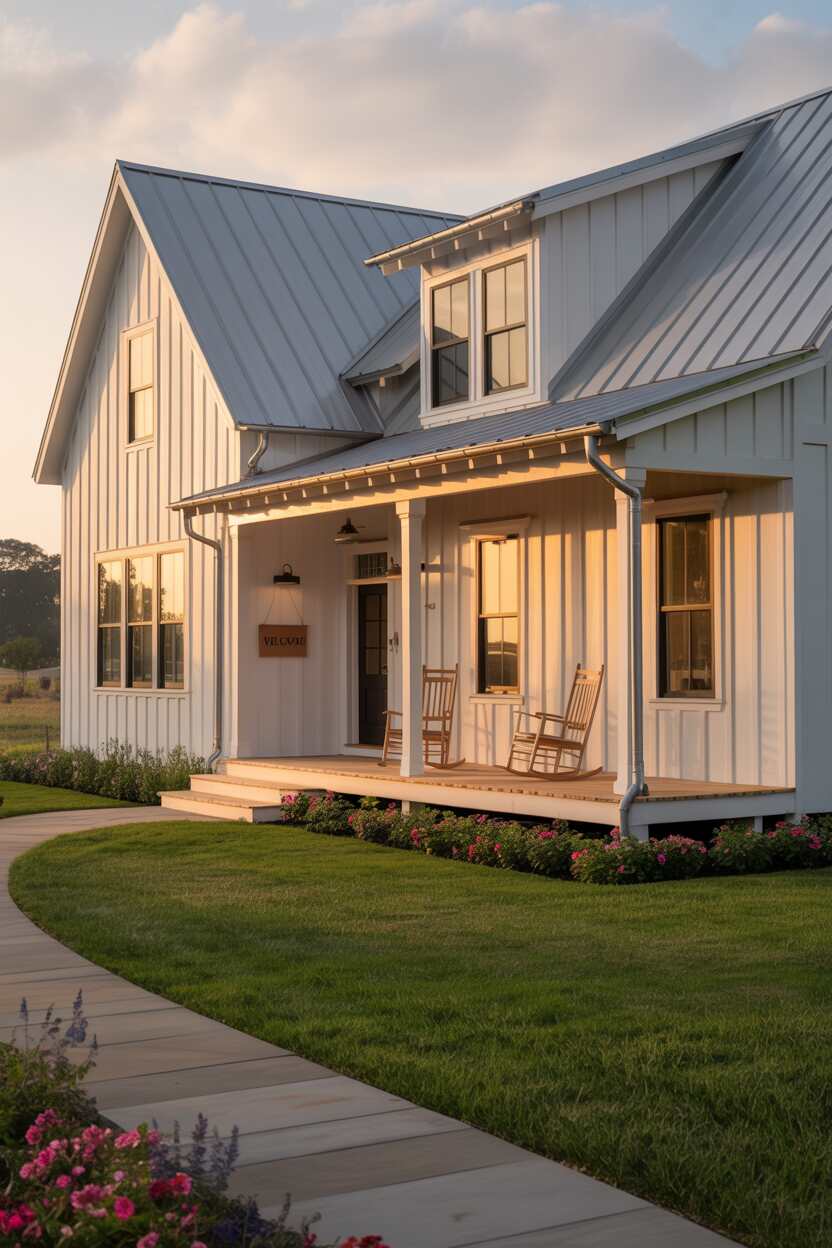 What is Modern Farmhouse Style? Discover Its Cozy Appeal 1 An exterior shot of a modern farmhouse featuring crisp white board-and-batten siding, black-framed windows, a metal roof, and a welcoming front porch with simple rocking chairs. The home is photographed at golden hour with soft lighting highlighting its clean lines and contrasting elements.