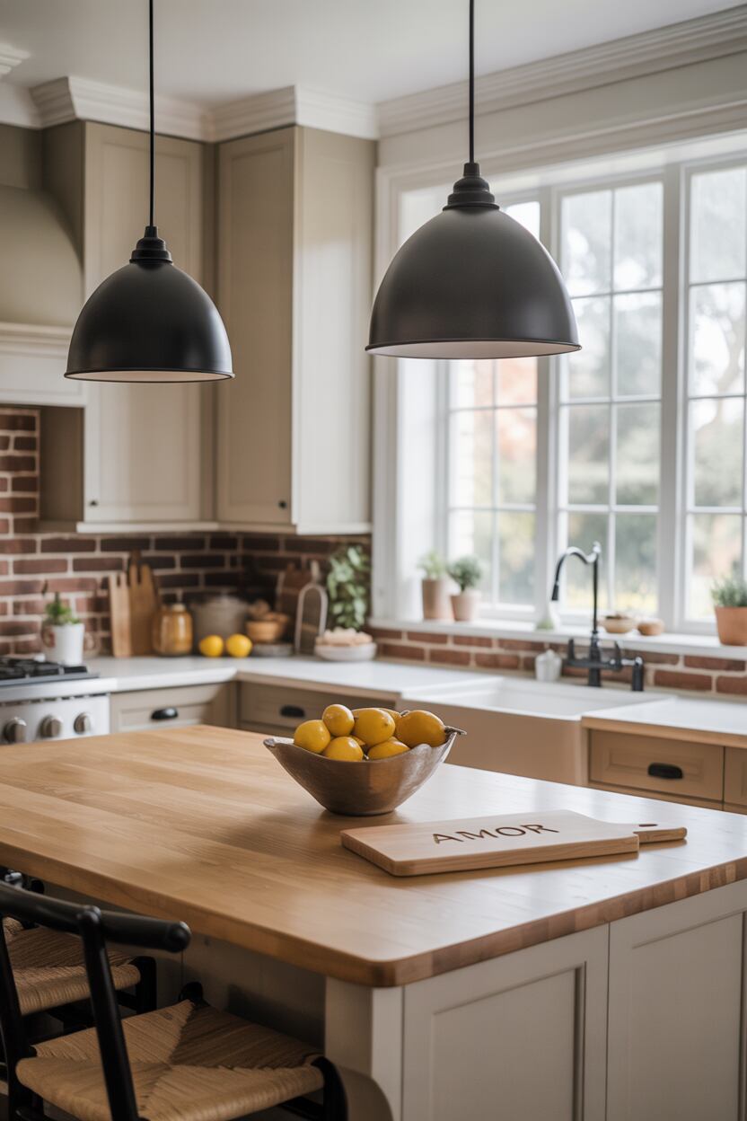 What is Modern Farmhouse Style? Discover Its Cozy Appeal 2 A modern farmhouse color palette displayed in a kitchen setting, showing warm whites on walls, matte black hardware and lighting fixtures, with touches of greige and natural wood tones. The space feels clean and bright but warm, with subtle textural elements adding depth.