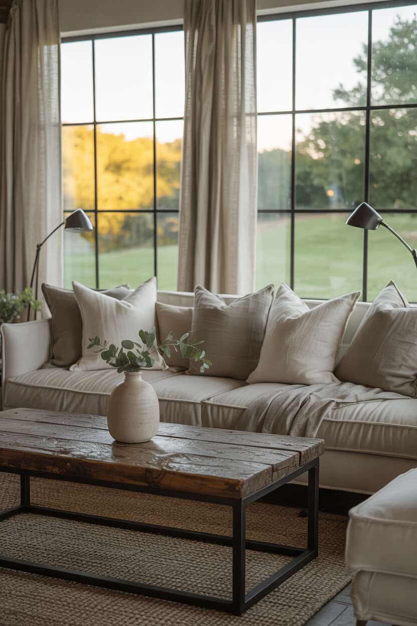 What is Modern Farmhouse Style? Discover Its Cozy Appeal 3 A cozy modern farmhouse living room featuring a comfortable neutral sectional with textural throw pillows, a reclaimed wood coffee table, black metal accent pieces, and simple linen curtains. The space showcases a perfect balance between comfort and style with minimal yet thoughtful decor.