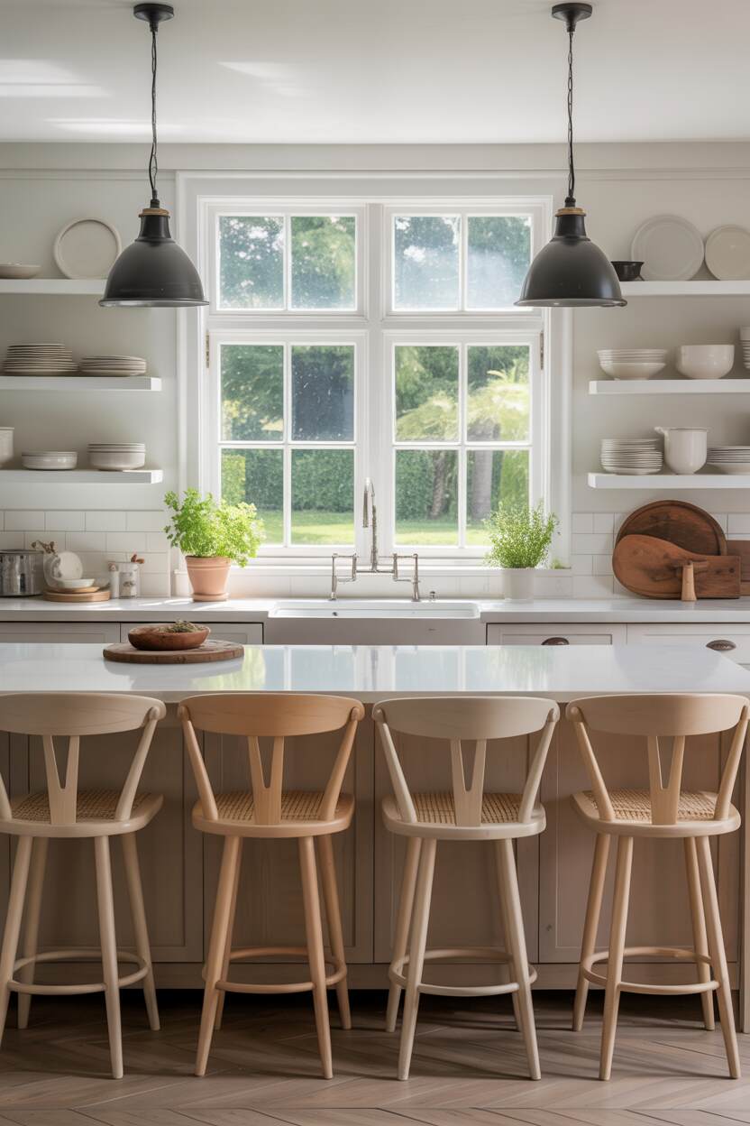 What is Modern Farmhouse Style? Discover Its Cozy Appeal 4 A bright modern farmhouse kitchen featuring white cabinetry, a large island with wooden counter stools, open shelving displaying simple white dishes, a farmhouse sink, black pendant lights, and subtle greenery. The space balances functionality with warm, inviting design elements.