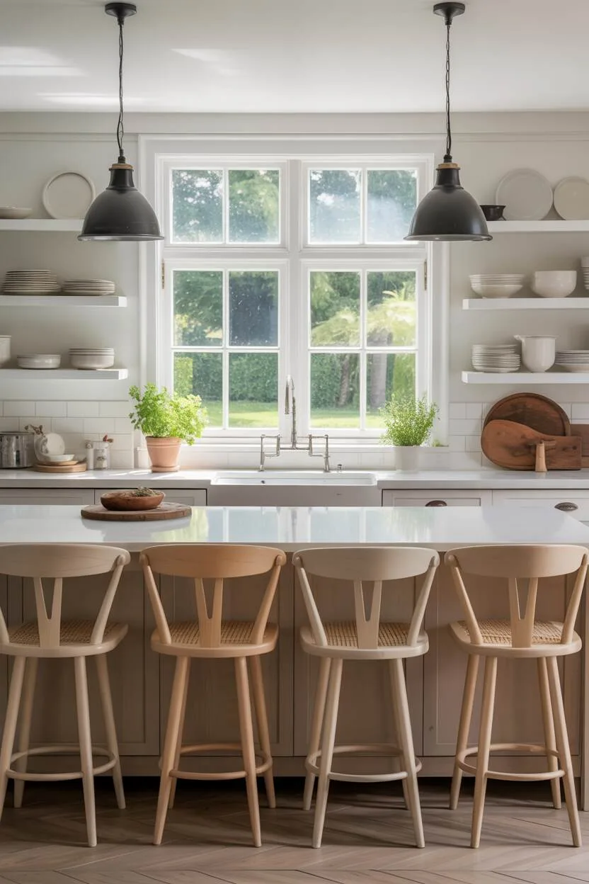 What is Modern Farmhouse Style? Discover Its Cozy Appeal 4 A bright modern farmhouse kitchen featuring white cabinetry, a large island with wooden counter stools, open shelving displaying simple white dishes, a farmhouse sink, black pendant lights, and subtle greenery. The space balances functionality with warm, inviting design elements.