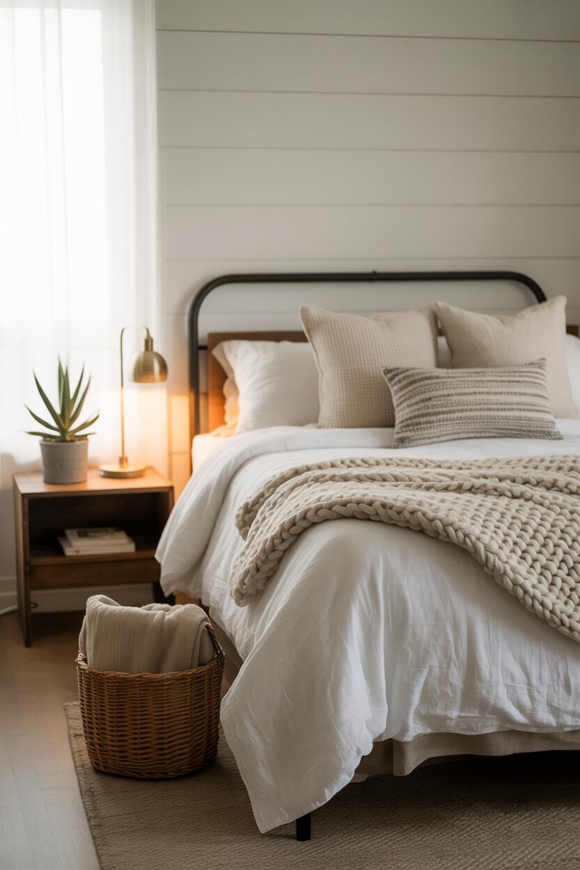 What is Modern Farmhouse Style? Discover Its Cozy Appeal 5 A serene modern farmhouse bedroom with a white shiplap accent wall, neutral bedding in varied textures, black metal bed frame, simple nightstands with minimalist lamps, and subtle natural elements like a small potted plant and woven basket. The space feels peaceful, uncluttered, and softly lit.