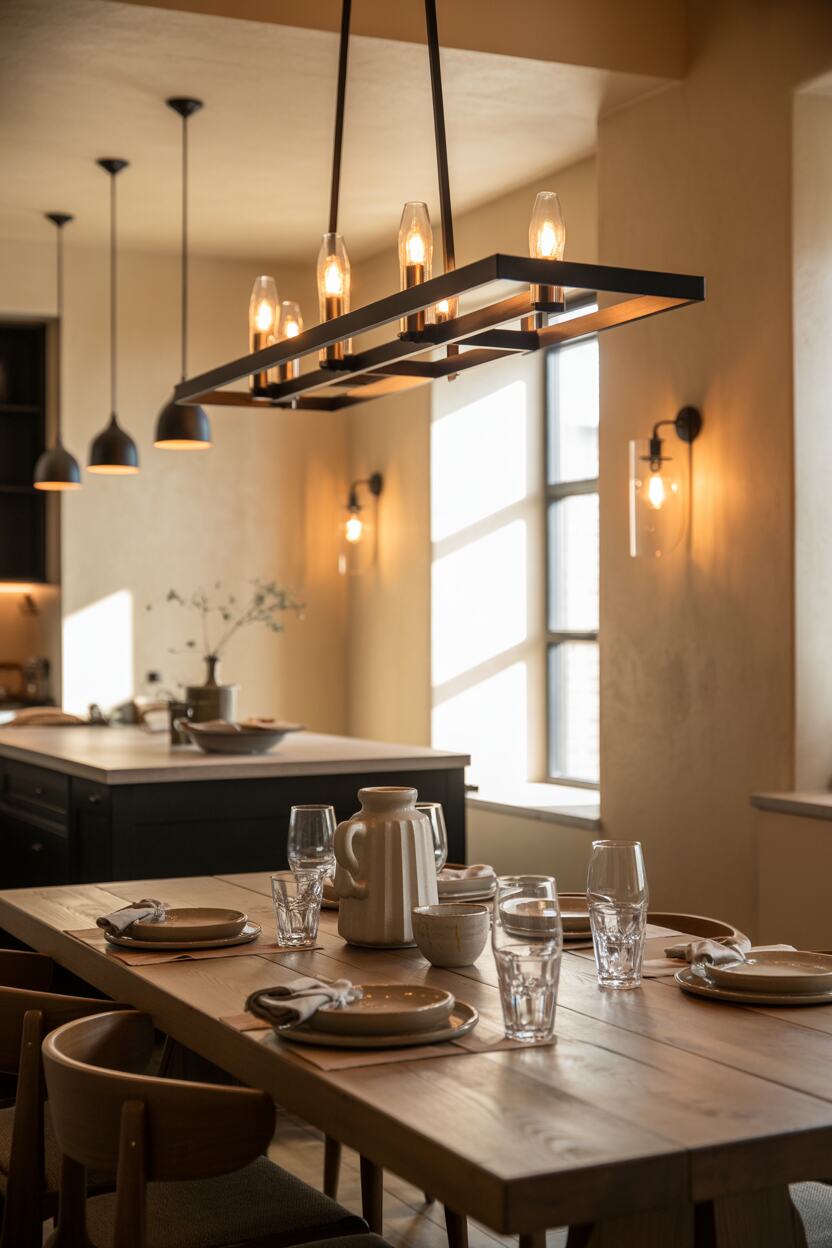 What is Modern Farmhouse Style? Discover Its Cozy Appeal 6 A dining area showcasing various modern farmhouse lighting fixtures: a black metal linear chandelier over a wooden table, complemented by wall sconces with clear glass shades and simple black pendants over a nearby kitchen island. The lighting creates warm pools of illumination that highlight textural elements throughout the space.