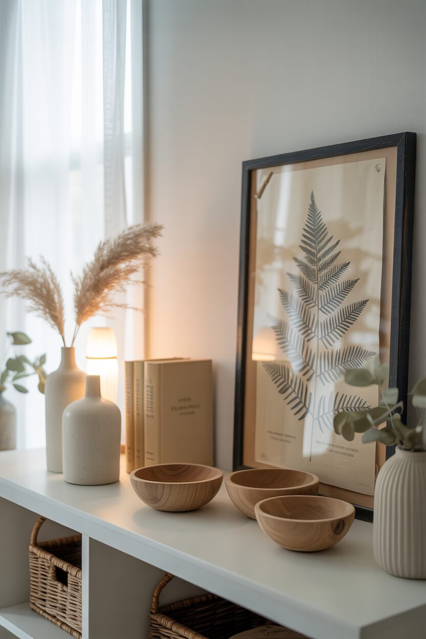 What is Modern Farmhouse Style? Discover Its Cozy Appeal 7 A styled modern farmhouse bookshelf featuring a thoughtful arrangement of items: white ceramic vases, natural wood bowls, a black frame with botanical print, woven baskets, simple greenery, and a few vintage books with neutral spines. The collection feels curated yet natural, avoiding clutter while adding personality.