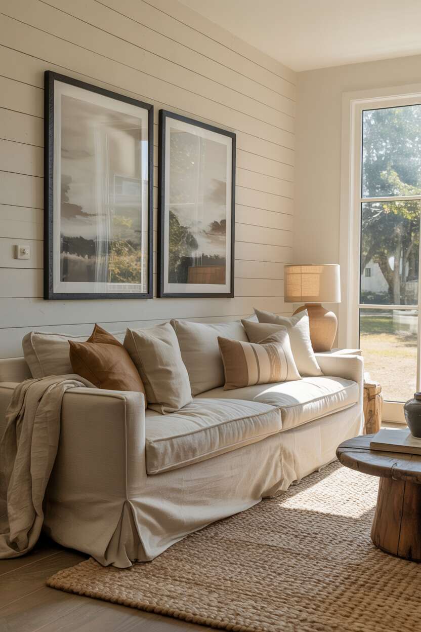 What is Modern Farmhouse Style? Discover Its Cozy Appeal 8 A modern farmhouse living room featuring a white shiplap accent wall behind a simple sofa, with black-framed artwork, natural wood side table, and textural elements like a woven rug and linen pillows. The shiplap adds architectural interest without overwhelming the space.