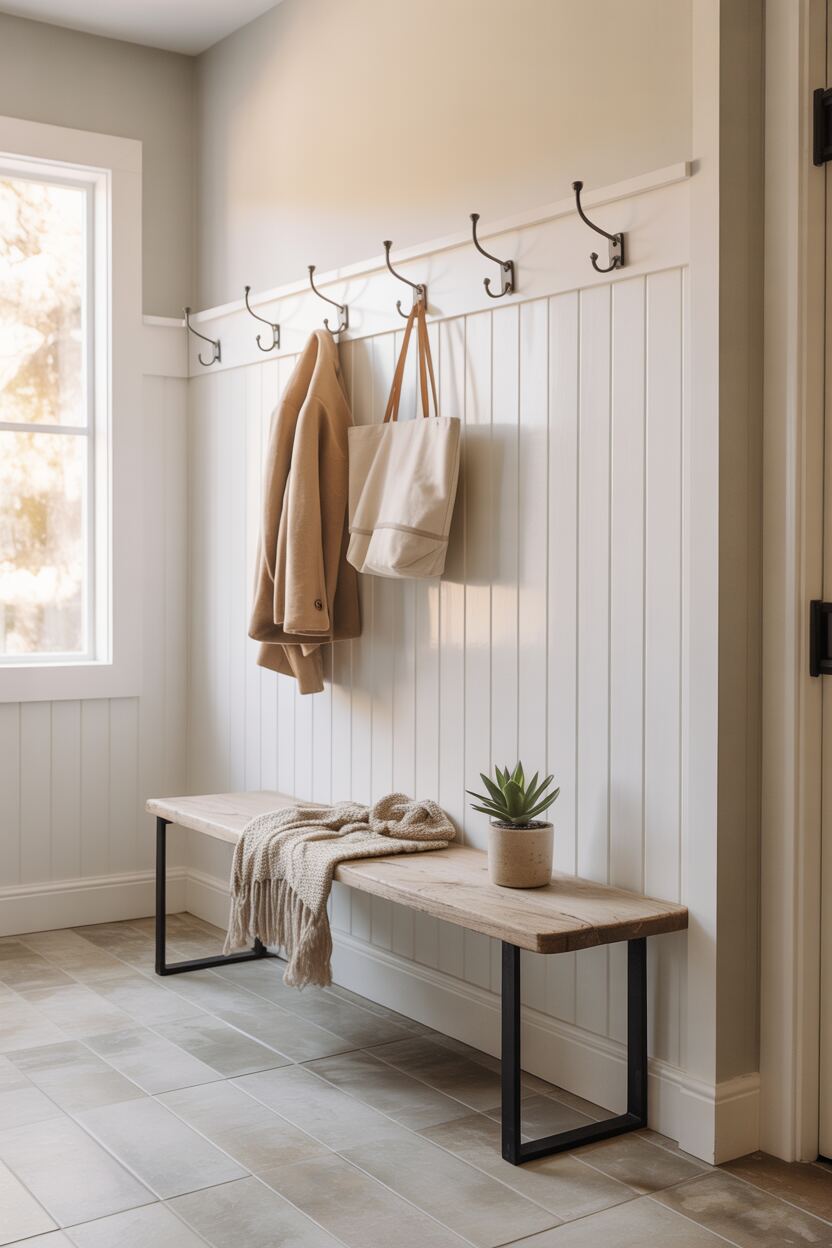 What is Modern Farmhouse Style? Discover Its Cozy Appeal 9 A modern farmhouse entryway with white board-and-batten wall treatment extending halfway up the wall, topped with light gray paint. A simple wooden bench with black metal legs sits against the wall, with hooks above for coats and bags, creating a functional yet stylish mudroom area.