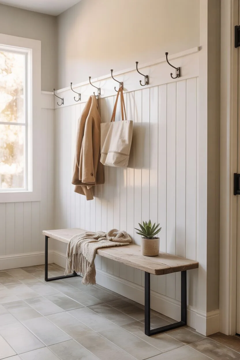 What is Modern Farmhouse Style? Discover Its Cozy Appeal 9 A modern farmhouse entryway with white board-and-batten wall treatment extending halfway up the wall, topped with light gray paint. A simple wooden bench with black metal legs sits against the wall, with hooks above for coats and bags, creating a functional yet stylish mudroom area.