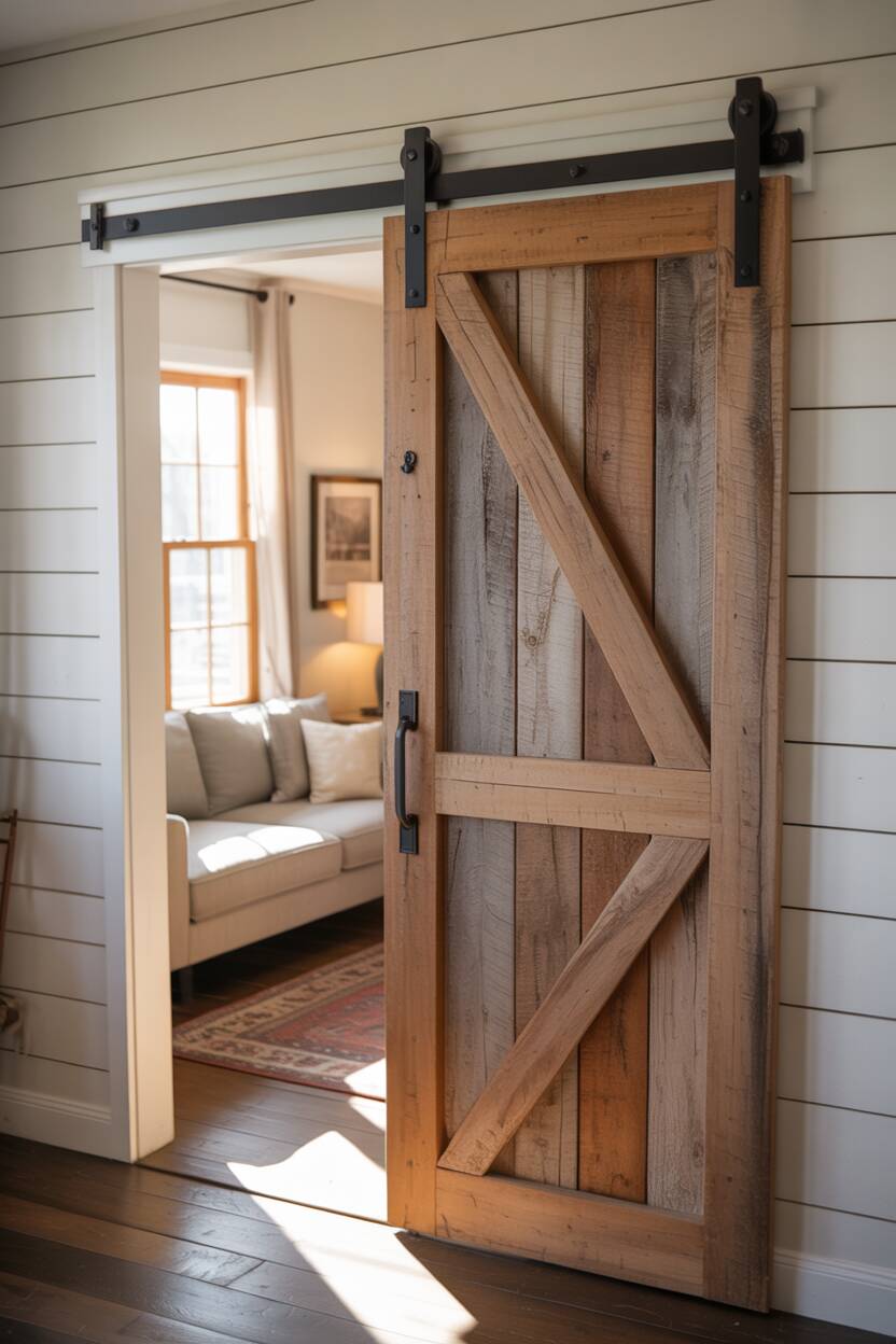 What is Modern Farmhouse Style? Discover Its Cozy Appeal 10 An interior doorway featuring a sliding barn door made of weathered wood with black hardware, set against a white wall. The door serves as a functional room divider while acting as a focal point and conversation piece in the transition between spaces.