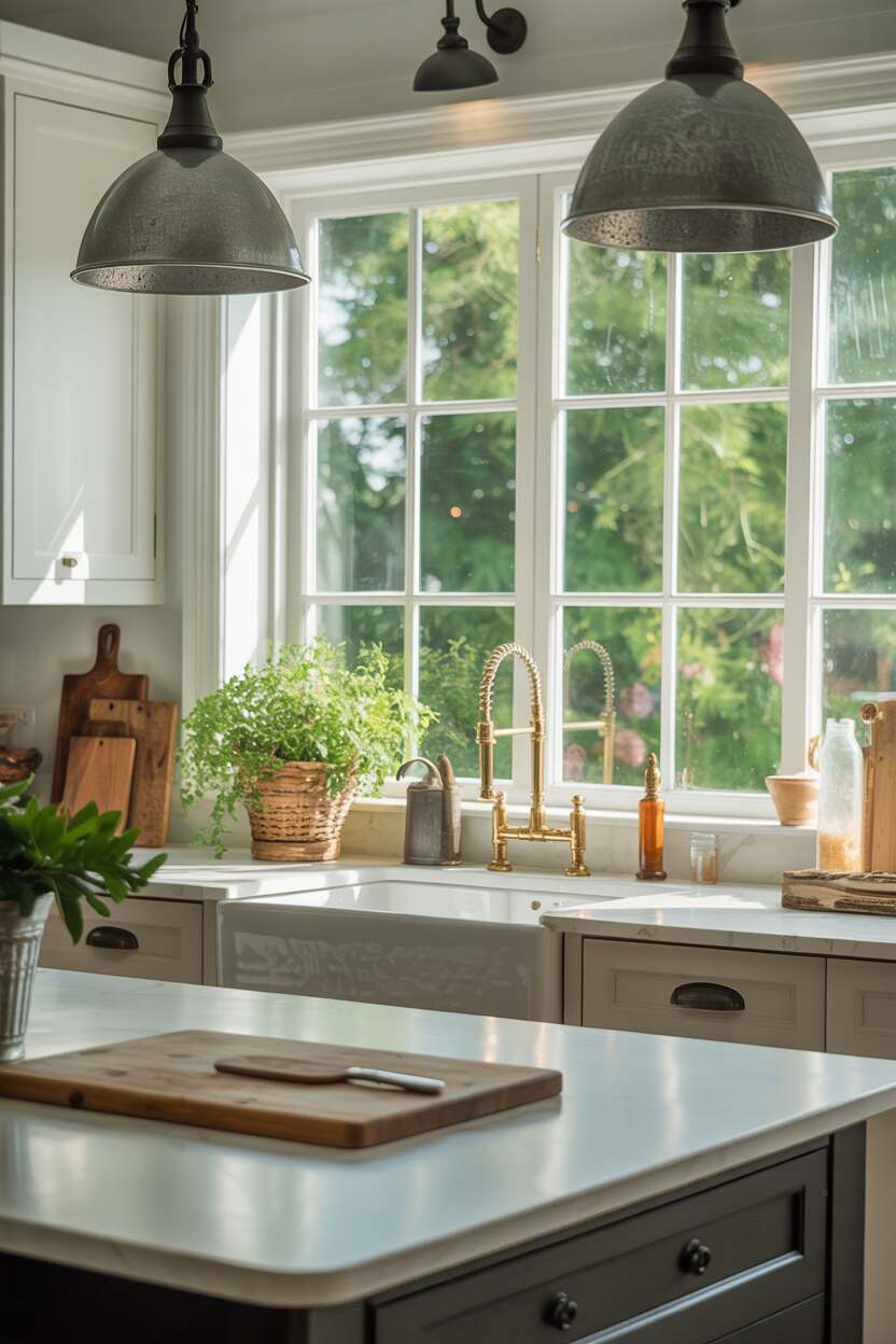 What is Modern Farmhouse Style? Discover Its Cozy Appeal 11 A modern farmhouse kitchen vignette showing the thoughtful mixing of metal finishes: matte black cabinet hardware, a brass faucet against a white farmhouse sink, and galvanized metal pendant lights. The combination creates depth and interest while maintaining a cohesive look.
