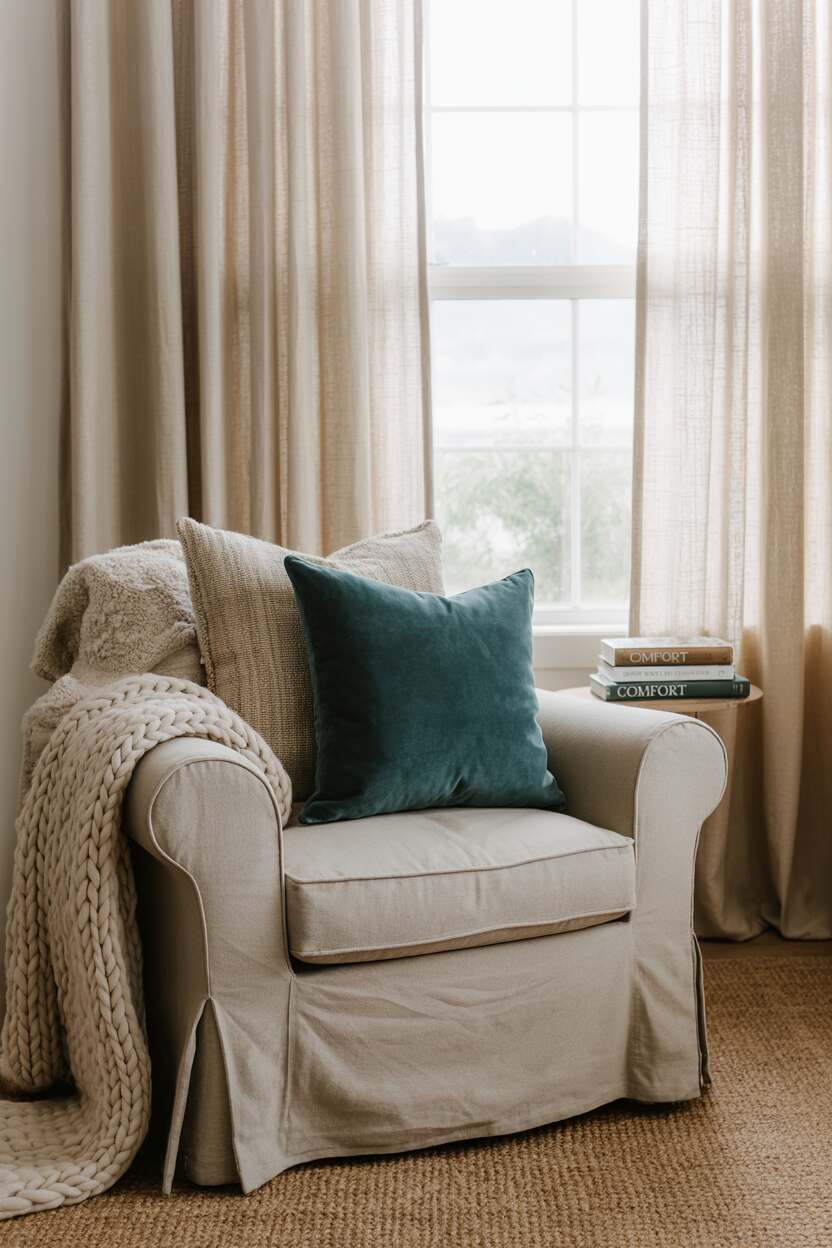 What is Modern Farmhouse Style? Discover Its Cozy Appeal 12 A modern farmhouse bedroom corner featuring a reading nook with textural layering: a linen slipcovered chair, chunky knit throw blanket, grain sack and velvet pillows, natural fiber rug, and simple linen curtains. The neutral color palette allows the varied textures to become the focal point.
