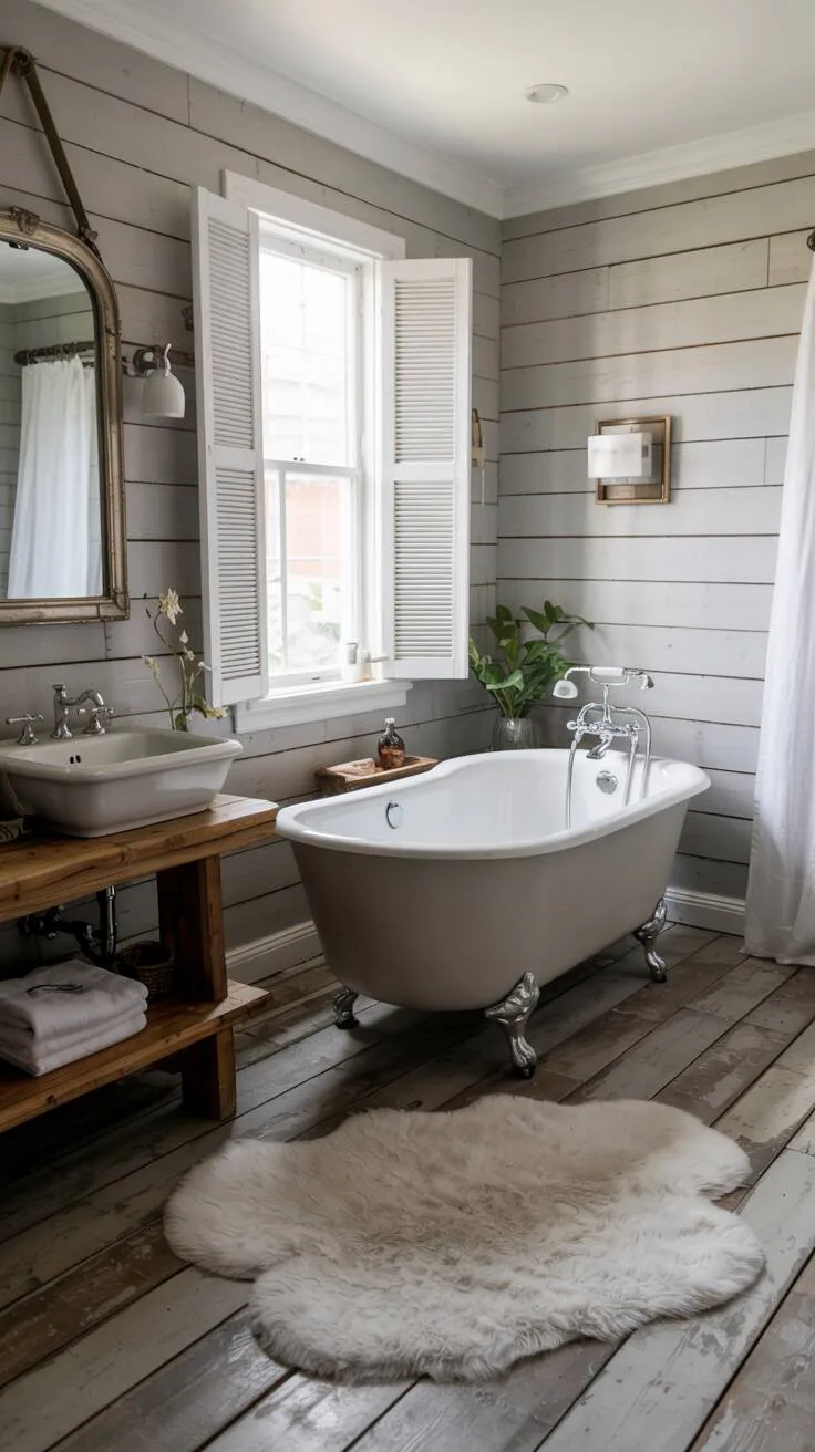 26 Gorgeous Modern Farmhouse Bathroom Ideas to Try 1 A stylish modern farmhouse bathroom featuring a freestanding clawfoot bathtub, light grey shiplap walls, floating wooden vanity, and white ceramic sink illuminated by natural light.