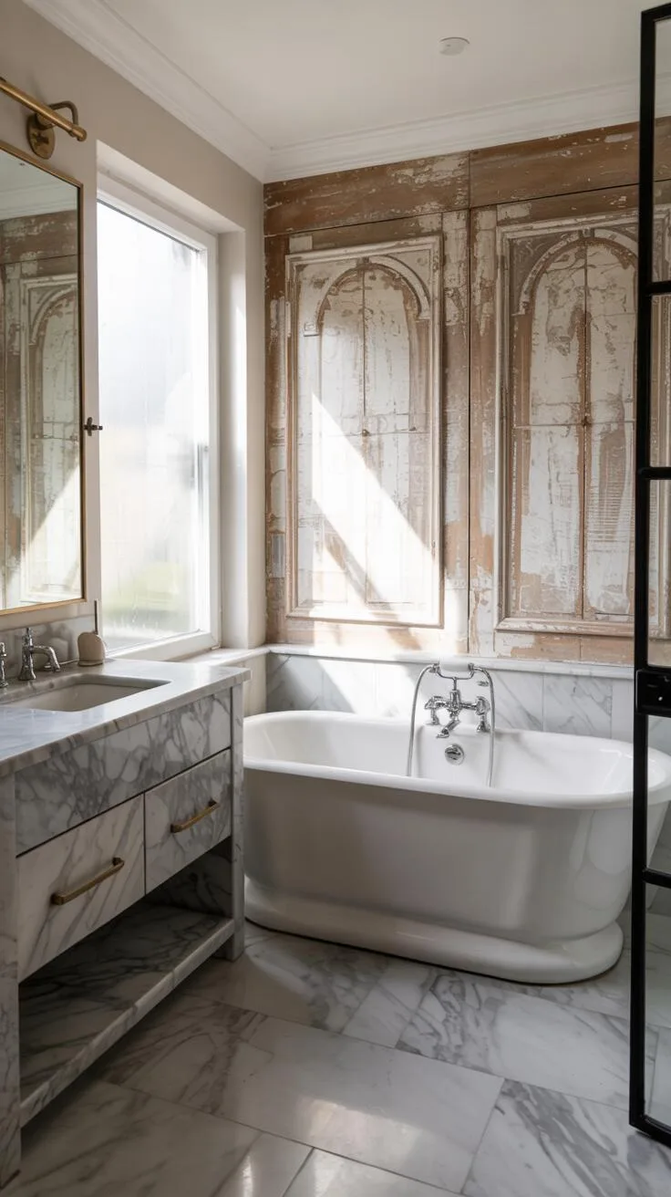 26 Gorgeous Modern Farmhouse Bathroom Ideas to Try 2 A cozy modern farmhouse bathroom featuring a white freestanding bathtub against a distressed wooden wall panel, complemented by a gray marble vanity and matching floor.