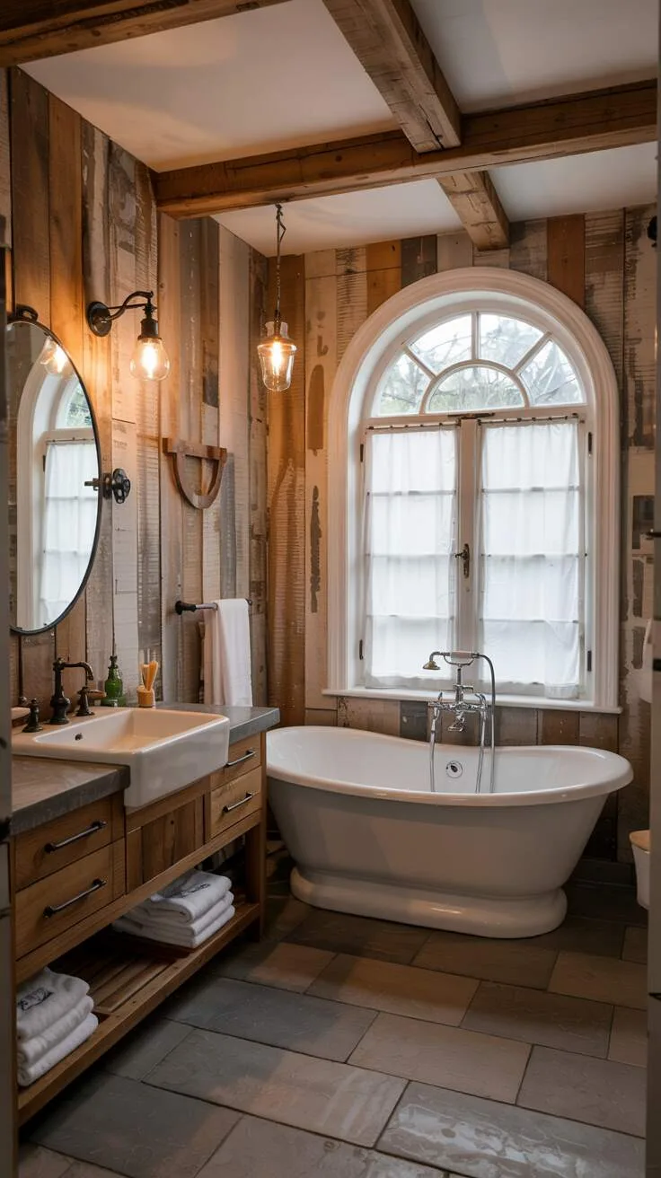 26 Gorgeous Modern Farmhouse Bathroom Ideas to Try 3 A farmhouse bathroom featuring a white porcelain bathtub near a large window, warm reclaimed wood paneling, rustic beam ceiling, and a modern vanity with a black farmhouse sink.