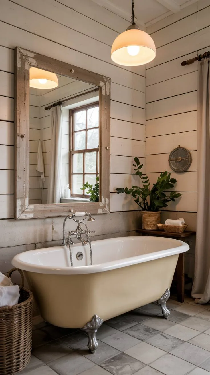26 Gorgeous Modern Farmhouse Bathroom Ideas to Try 4 A farmhouse bathroom with a cream-colored clawfoot bathtub positioned before a rustic wooden-framed mirror, neutral-toned shiplap walls, and vintage pendant lighting.