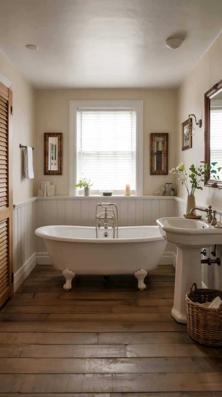 26 Gorgeous Modern Farmhouse Bathroom Ideas to Try 5 A cozy farmhouse bathroom featuring a white clawfoot bathtub, cream walls with rustic wooden frames, white pedestal sink, vintage brass faucet, and warm wood flooring.