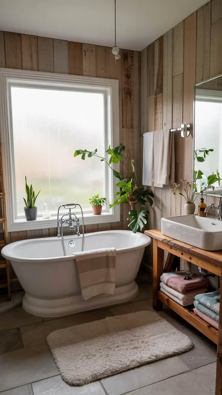 26 Gorgeous Modern Farmhouse Bathroom Ideas to Try 6 A serene farmhouse bathroom with a white porcelain bathtub before a frosted glass window, weathered wood plank walls, rustic wooden vanity, and cream-colored accessories.