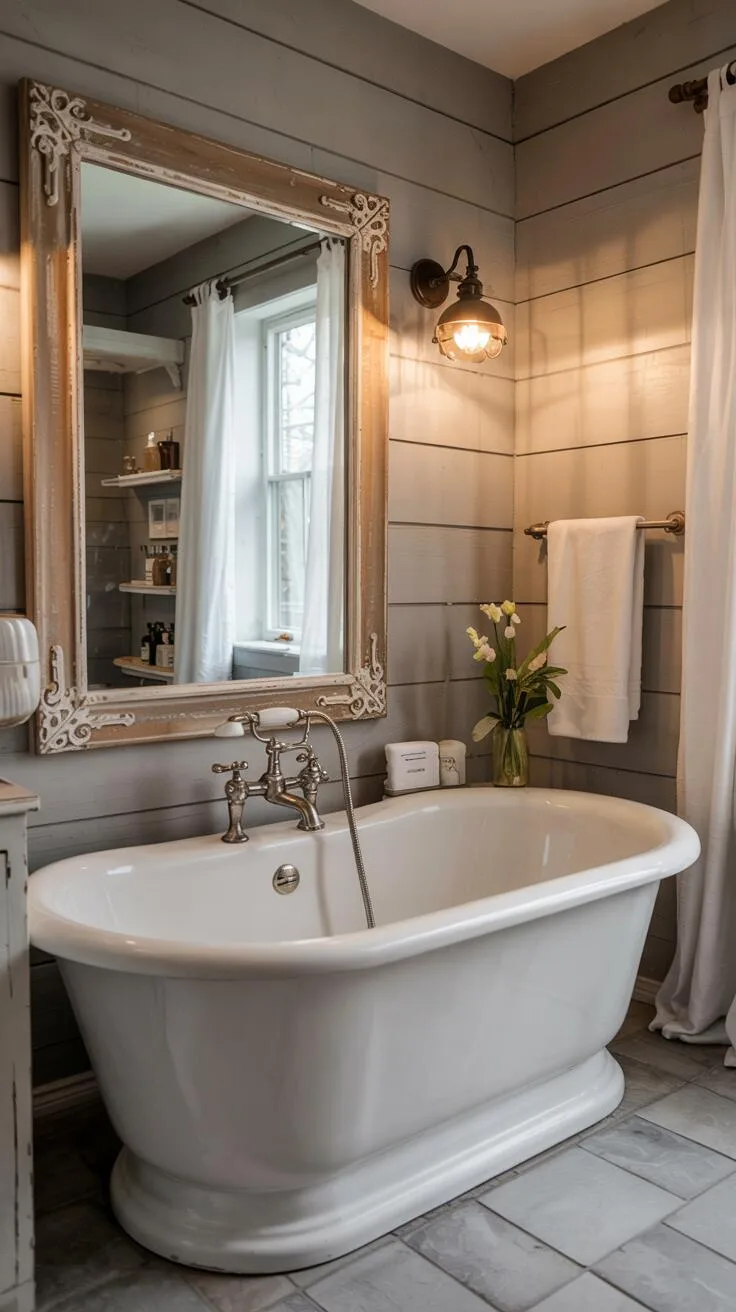 26 Gorgeous Modern Farmhouse Bathroom Ideas to Try 7 A cozy modern farmhouse bathroom featuring a white freestanding bathtub, gray shiplap walls, a distressed white-framed mirror, vintage brass fixtures, and ambient wall sconce lighting.
