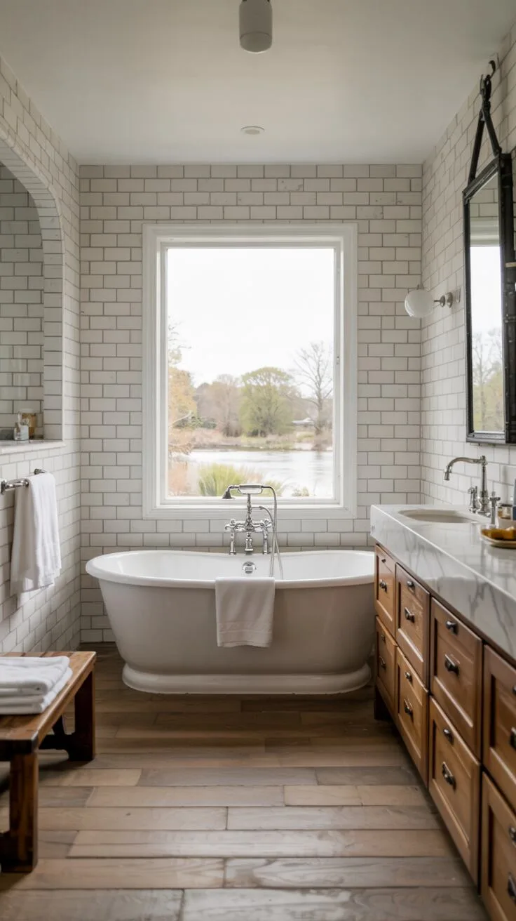 26 Gorgeous Modern Farmhouse Bathroom Ideas to Try 8 A modern farmhouse bathroom featuring a sleek bathtub positioned before a large window overlooking trees, white subway-tiled walls, floating vanity with marble countertop, and warm wooden plank flooring.