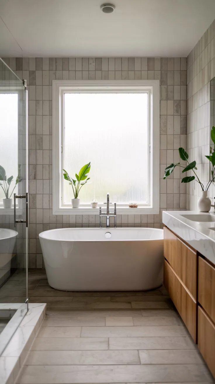 26 Gorgeous Modern Farmhouse Bathroom Ideas to Try 9 A minimalist farmhouse bathroom with a white porcelain bathtub before a frosted window, light grey wood-grain tiles, neutral hardwood flooring, and floating vanity with quartz countertop.