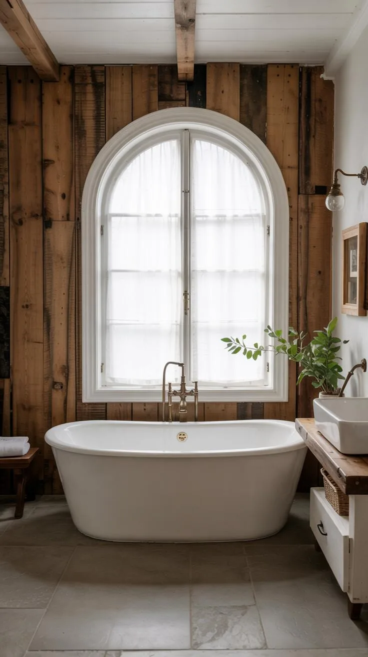 26 Gorgeous Modern Farmhouse Bathroom Ideas to Try 10 A bright farmhouse bathroom featuring a white freestanding bathtub positioned before an arched window with sheer curtains, rustic wooden plank walls, floating vanity, and brass fixtures.