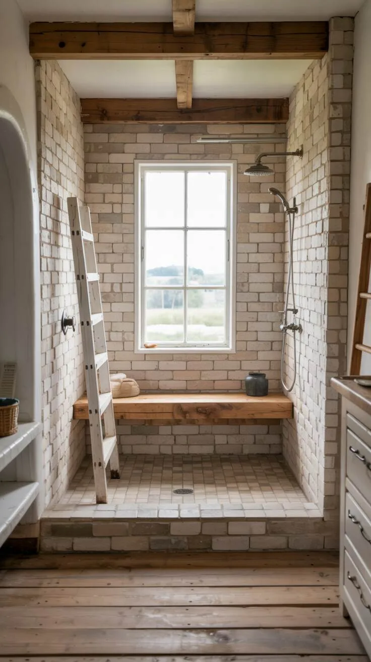 26 Gorgeous Modern Farmhouse Bathroom Ideas to Try 11 A modern farmhouse shower with a large window overlooking nature, wooden plank flooring, a built-in wooden shelf, a white ladder against a brick wall, and a wooden ceiling.