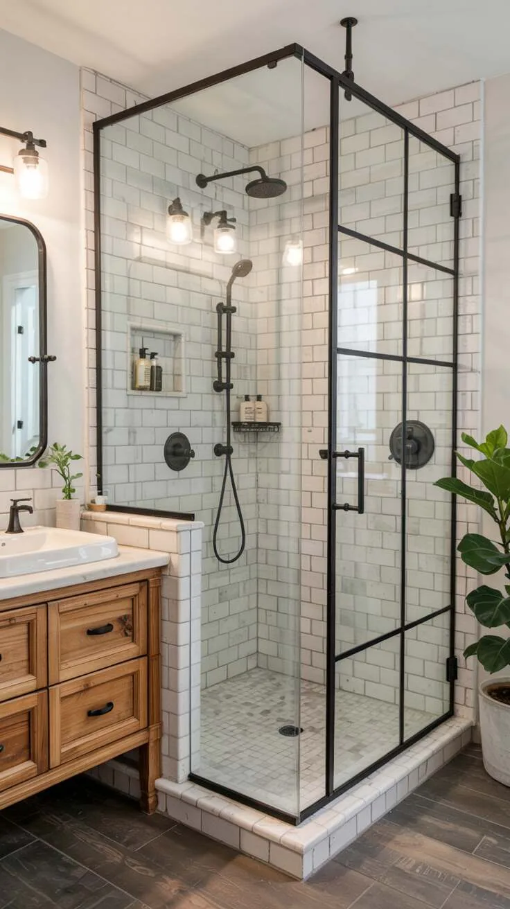 26 Gorgeous Modern Farmhouse Bathroom Ideas to Try 12 A contemporary farmhouse bathroom featuring a black frameless glass shower enclosure, multiple rainfall showerheads, wooden double vanity, white subway tile walls, and dark wood flooring.
