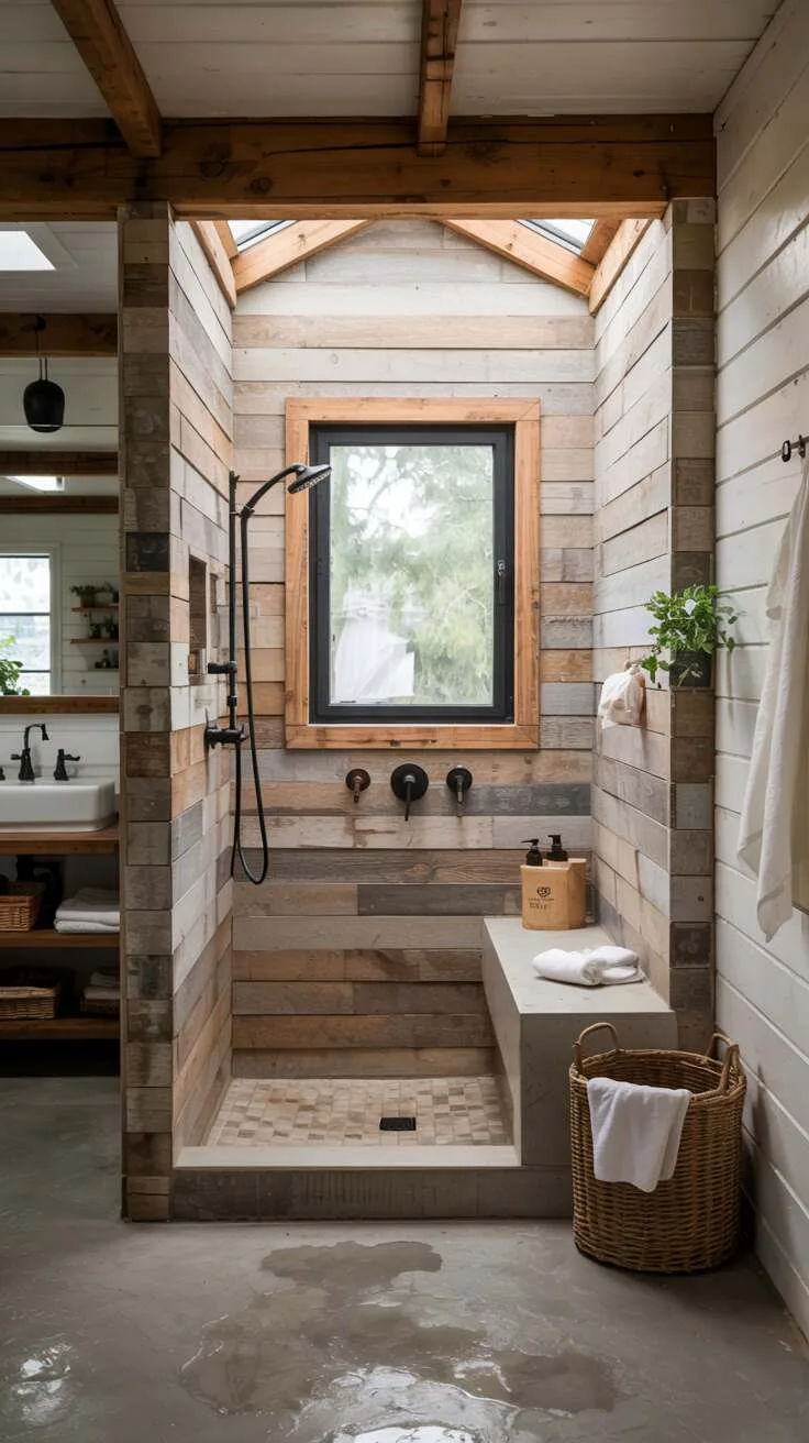 26 Gorgeous Modern Farmhouse Bathroom Ideas to Try 13 A unique farmhouse bathroom shower with wooden plank walls, a large wooden-framed window, a concrete floor with water puddles, and visible living space with a sink and stove in the background.