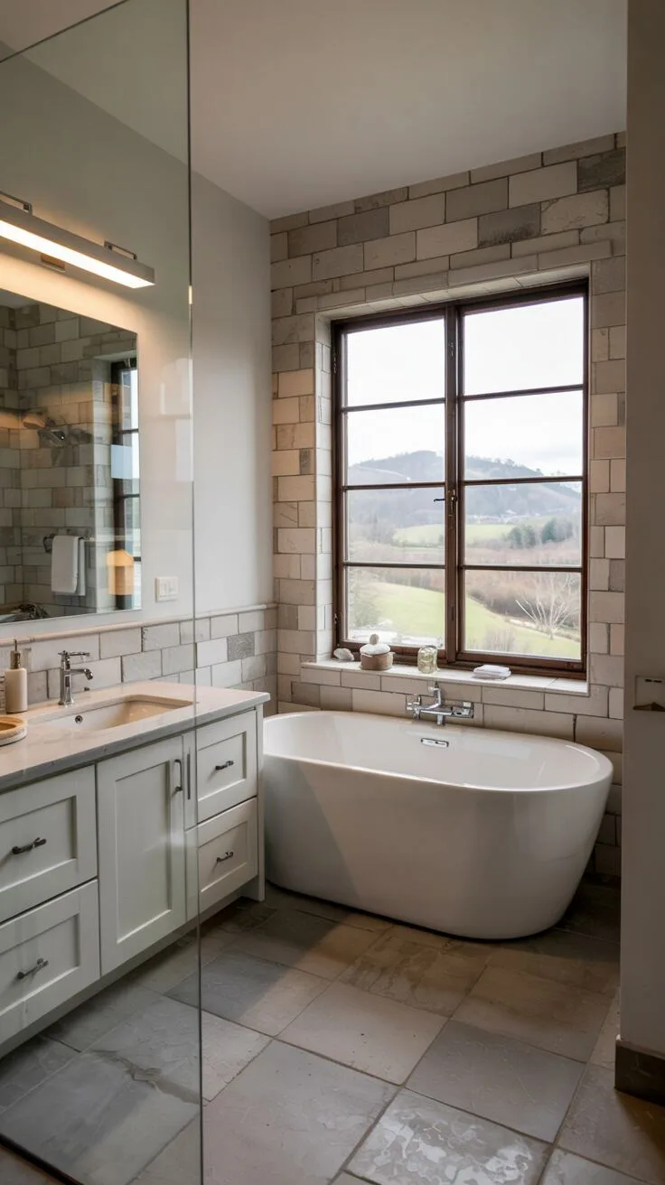 26 Gorgeous Modern Farmhouse Bathroom Ideas to Try 15 A modern farmhouse bathroom featuring a white freestanding bathtub before a frameless window with hill views, light gray stone-tiled walls, white vanity, and integrated LED mirror lighting.