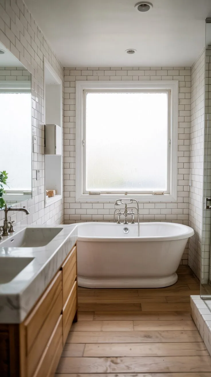 26 Gorgeous Modern Farmhouse Bathroom Ideas to Try 16 A clean farmhouse bathroom with a white porcelain bathtub positioned before a frosted glass window, white subway tile walls, wooden plank flooring, and a floating vanity with a rectangular sink.