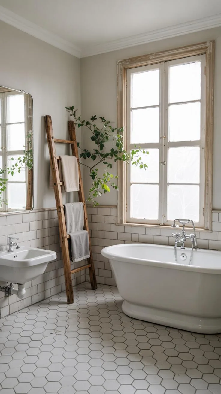 26 Gorgeous Modern Farmhouse Bathroom Ideas to Try 17 A spacious farmhouse bathroom featuring white ceramic fixtures, including a freestanding bathtub, light gray hexagonal tiled walls, a large window with a wooden frame, a rustic wooden ladder, and greenery.