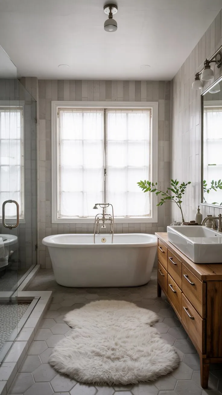 26 Gorgeous Modern Farmhouse Bathroom Ideas to Try 18 A sleek farmhouse bathroom featuring a white porcelain bathtub before a window with sheer curtains, light gray hexagonal tiled walls, floating vanity with rectangular mirror, brushed nickel fixtures, and green plants.