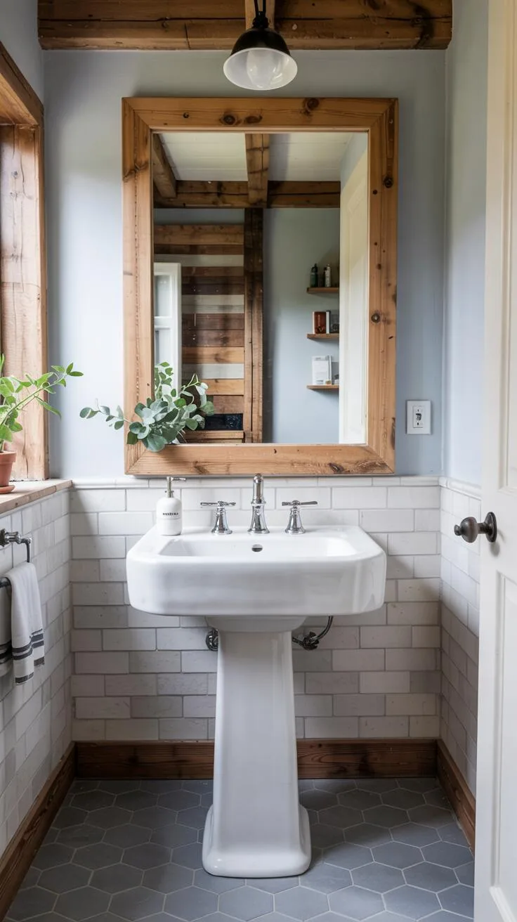 26 Gorgeous Modern Farmhouse Bathroom Ideas to Try 19 A farmhouse half bathroom featuring a white pedestal sink before a wooden-framed mirror, soft blue walls, exposed wooden beams, gray hexagonal tiled floor, and a potted plant.