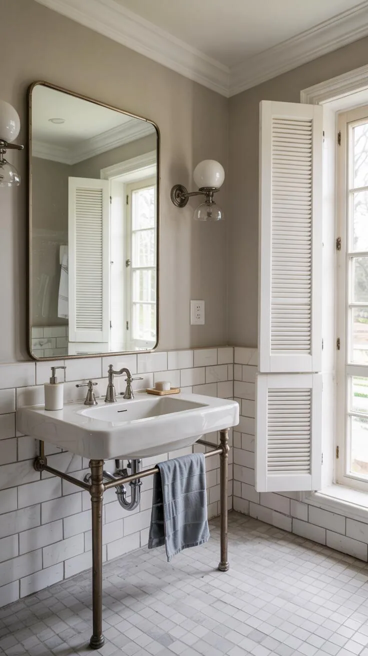 26 Gorgeous Modern Farmhouse Bathroom Ideas to Try 20 A modern farmhouse half bathroom with white porcelain sink, rectangular mirror, soft gray walls, light gray hexagonal tiled floor, brushed nickel towel rack, and natural light from shuttered window.
