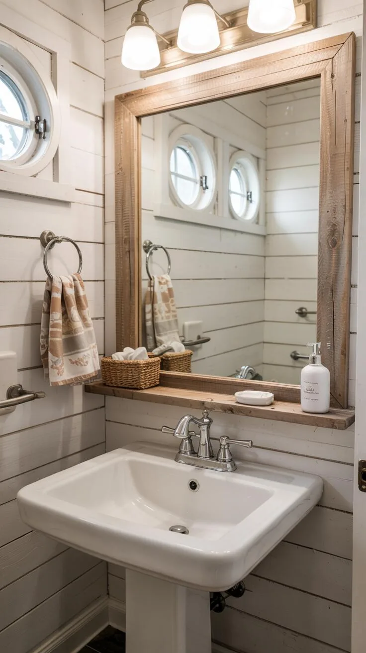 26 Gorgeous Modern Farmhouse Bathroom Ideas to Try 21 A charming farmhouse half bathroom featuring a white pedestal sink, rustic wooden-framed mirror, white shiplap walls, circular windows, woven basket, and decorative towels in earthy tones.