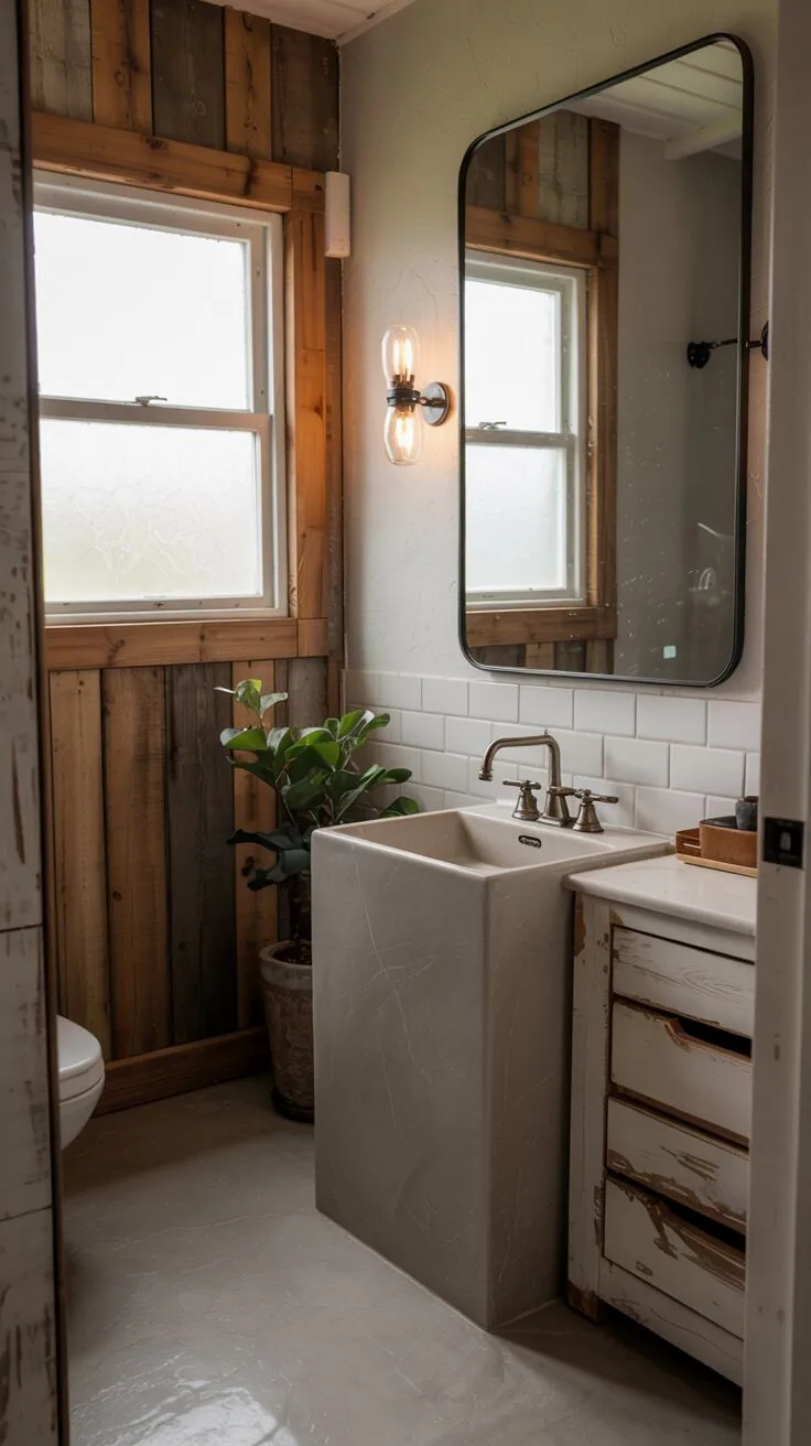 26 Gorgeous Modern Farmhouse Bathroom Ideas to Try 22 A farmhouse half bathroom with a freestanding sink and minimalist faucet, rustic wooden walls, whitewashed vanity, rectangular wall mirror, gray tiled floor, and potted plant.