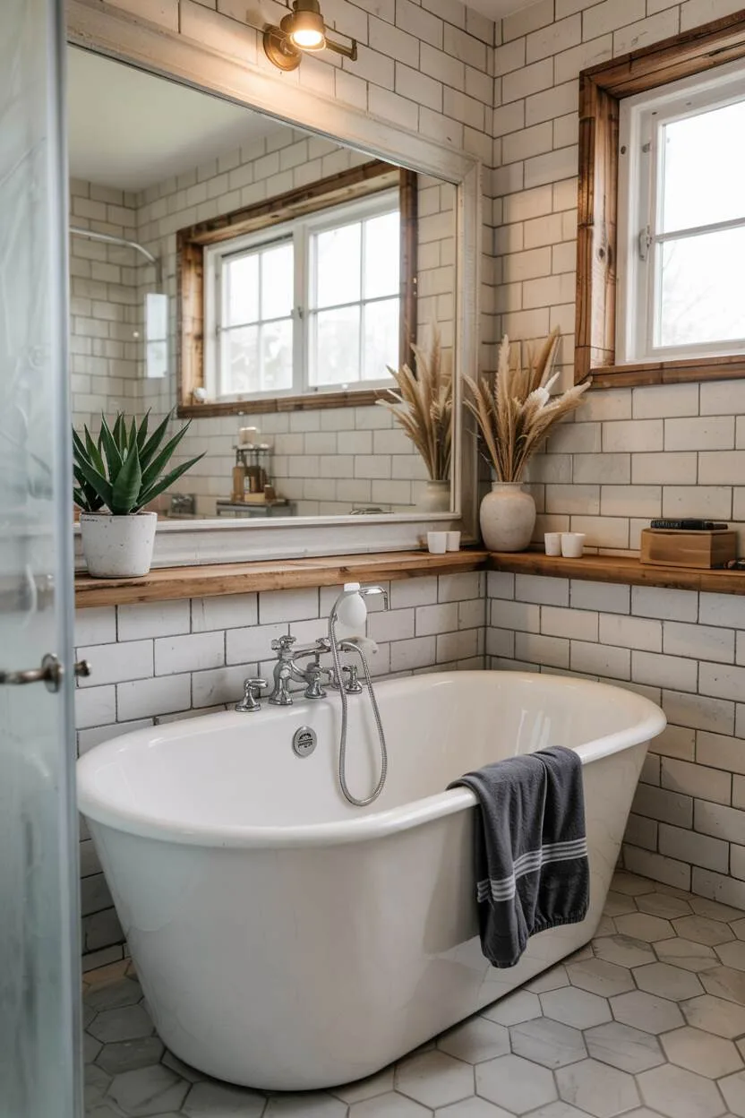26 Gorgeous Modern Farmhouse Bathroom Ideas to Try 23 A modern farmhouse bathroom featuring a white freestanding bathtub before a large framed mirror, light gray hexagonal tiled walls, a wooden shelf with rustic decor, and ambient ceiling lighting.