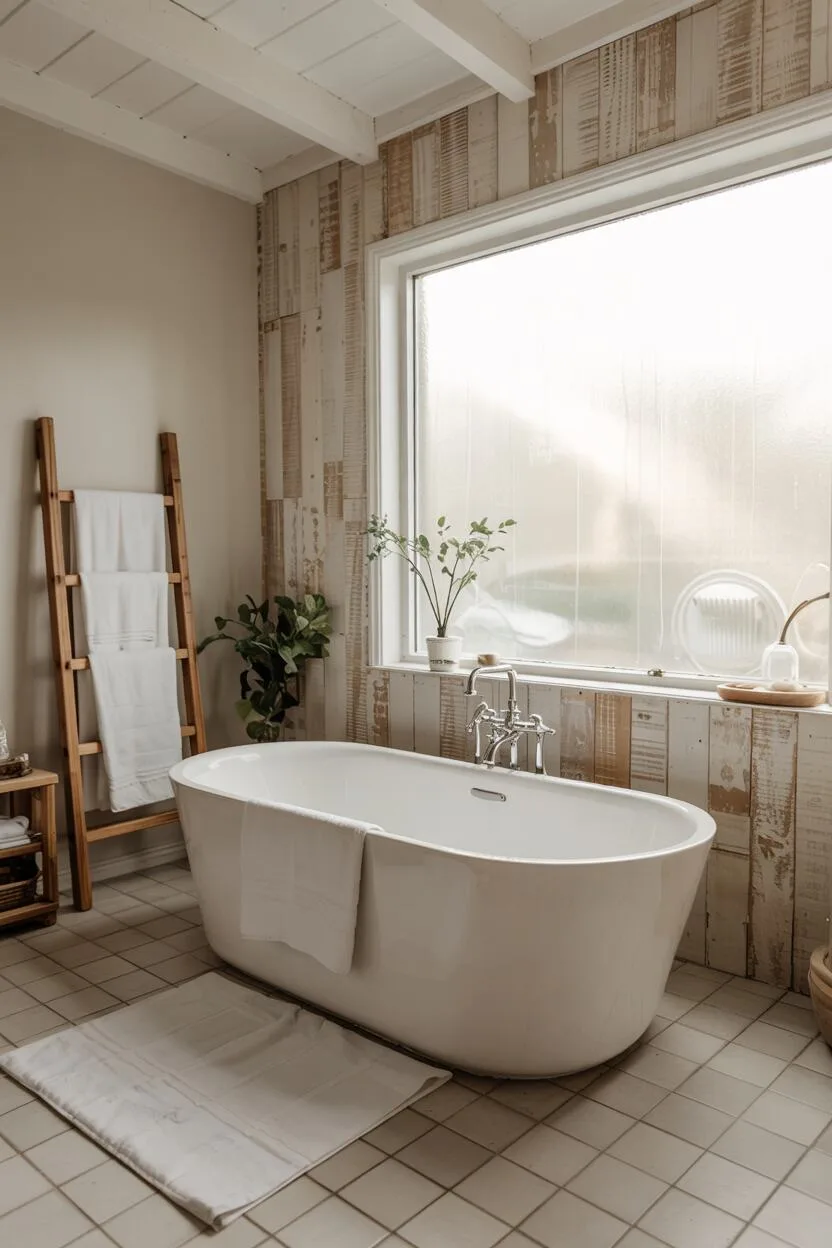 26 Gorgeous Modern Farmhouse Bathroom Ideas to Try 24 A serene farmhouse bathroom featuring a white freestanding bathtub before a frosted glass window, reclaimed wood panel walls in a warm natural tone, white ceramic tiled floor, rustic wooden ladder, and small potted plant.