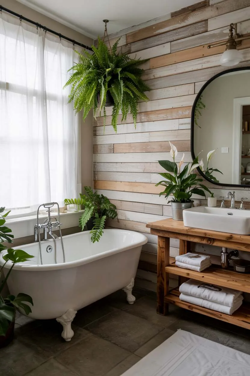26 Gorgeous Modern Farmhouse Bathroom Ideas to Try 25 A cozy farmhouse bathroom featuring a claw-foot bathtub filled with warm water, surrounded by lush green plants including a hanging fern and potted peace lily, light distressed wood panel walls, rustic wooden vanity, and window with sheer curtains.