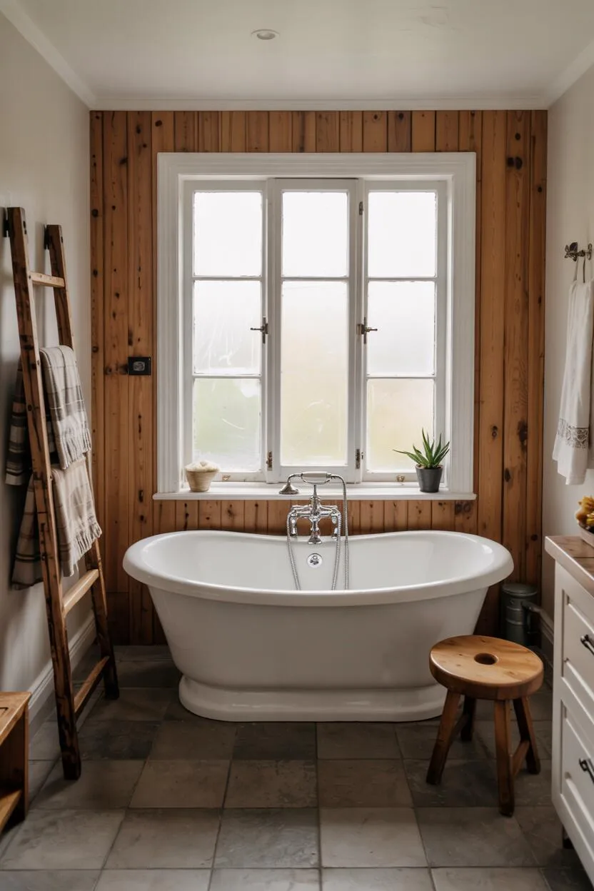 26 Gorgeous Modern Farmhouse Bathroom Ideas to Try 26 A stylish farmhouse bathroom featuring a white porcelain bathtub with chrome fixtures positioned before a frosted glass window, whitewashed wooden paneling, rustic wooden ladder holding fluffy towels, round wooden stool, and potted succulent.
