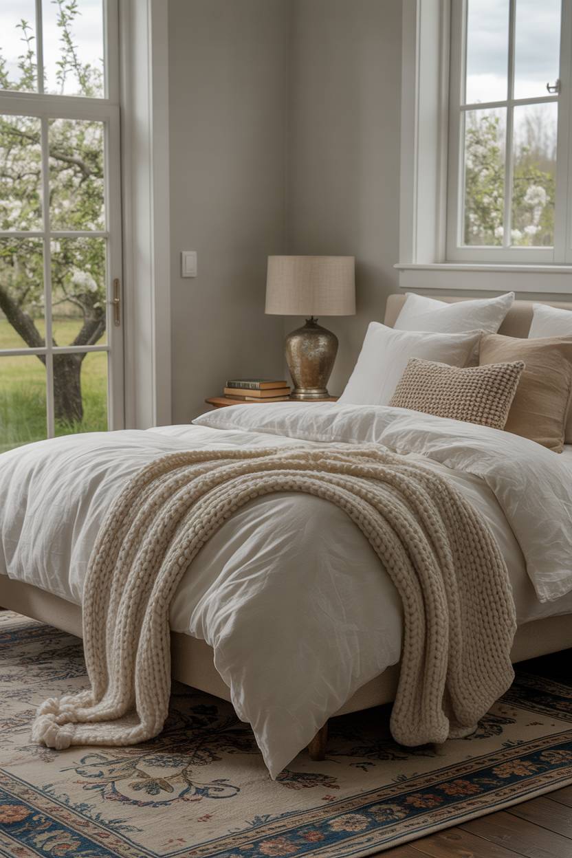 21 Modern Farmhouse Bedroom Ideas for Cozy, Stylish Spaces 1 Modern farmhouse bedroom with white duvet, beige pillows, and cream knitted blanket on king-sized bed
