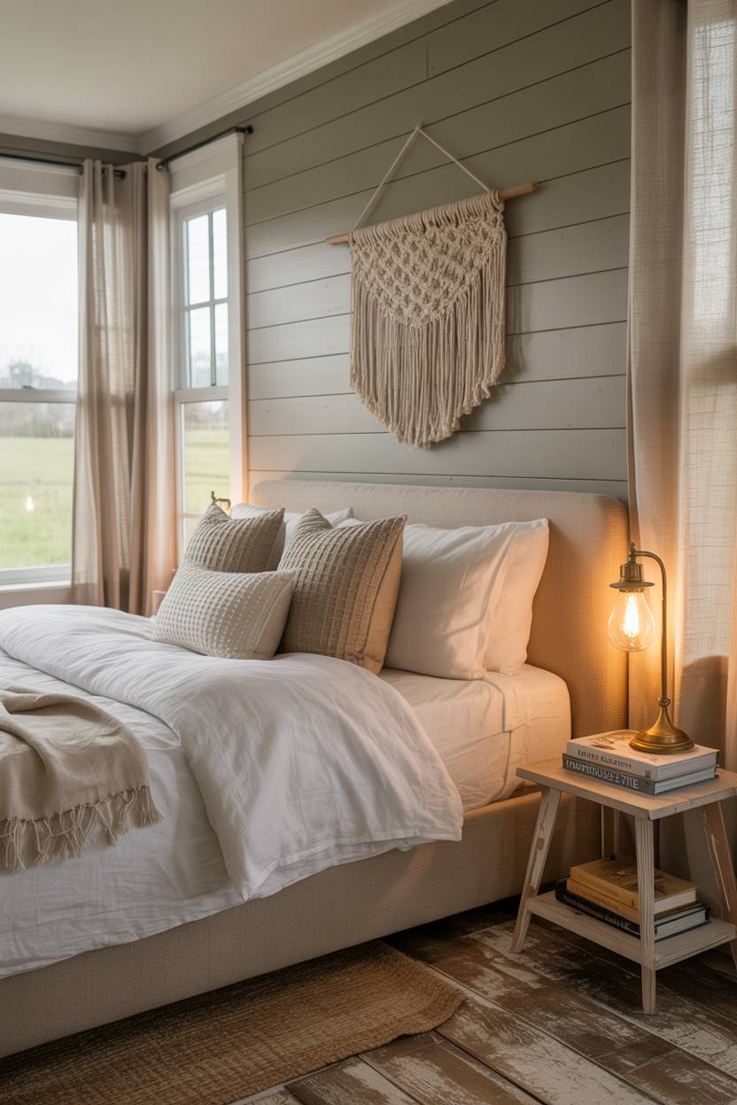 21 Modern Farmhouse Bedroom Ideas for Cozy, Stylish Spaces 2 Cozy farmhouse bedroom featuring king-size bed against grey shiplap wall with macrame wall hanging