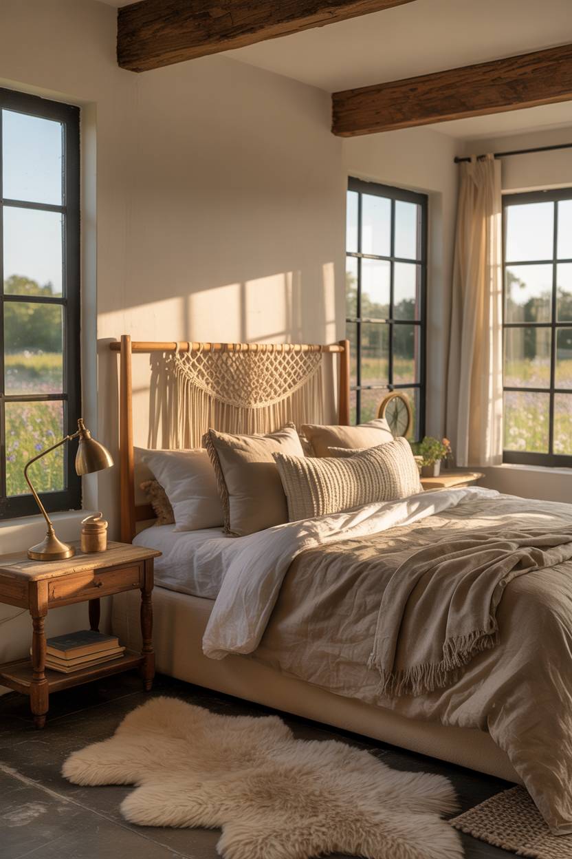 21 Modern Farmhouse Bedroom Ideas for Cozy, Stylish Spaces 3 Modern farmhouse bedroom with exposed wooden beams and macrame headboard overlooking wildflower field