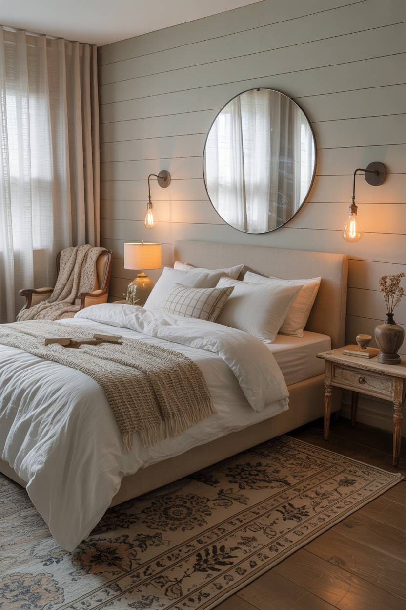 21 Modern Farmhouse Bedroom Ideas for Cozy, Stylish Spaces 4 Queen-sized farmhouse bedroom with pale gray shiplap wall and antique brass sconces